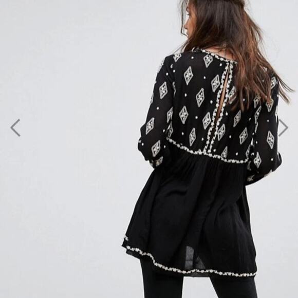Free People Diamond Embroidered Smock Tunic Top Peasant Boho Oversized Size XS - Picture 4 of 9